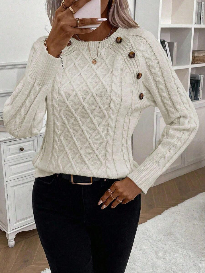 Clara – Button-Detail Cable Knit Sweater
