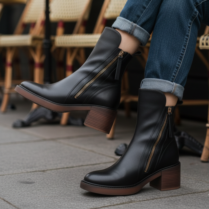 Valorine – Black Leather Boot with Comfortable Heel