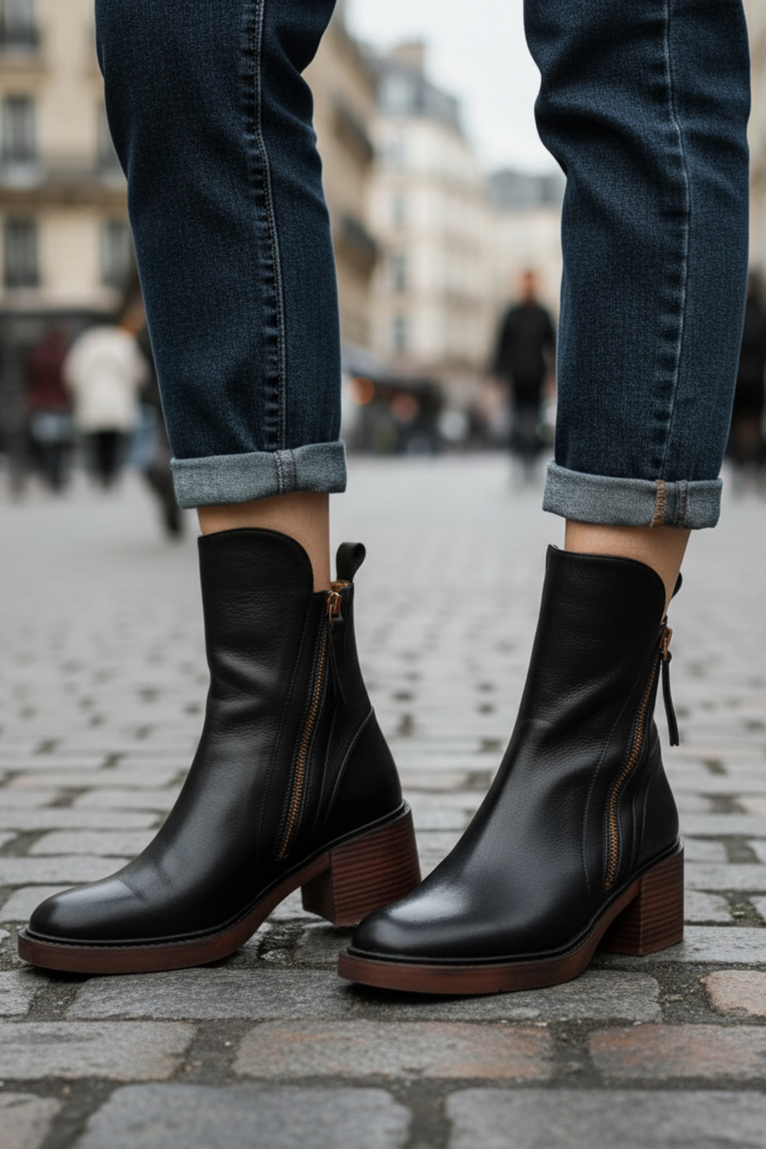 Valorine – Black Leather Boot with Comfortable Heel
