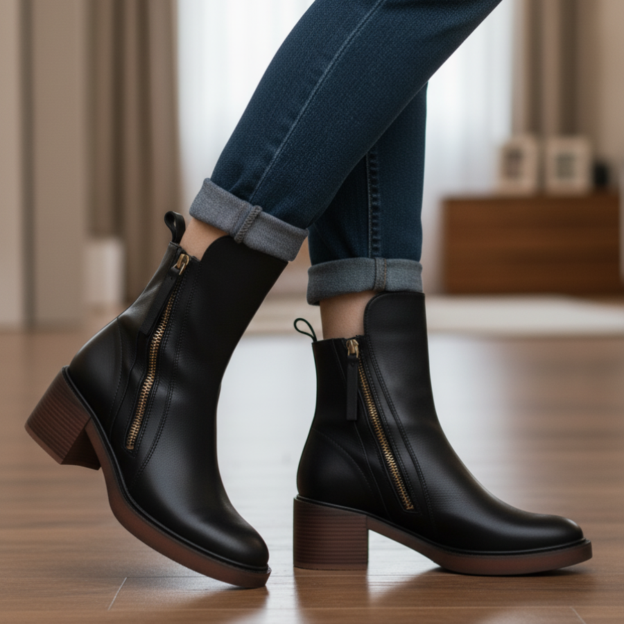 Valorine – Black Leather Boot with Comfortable Heel