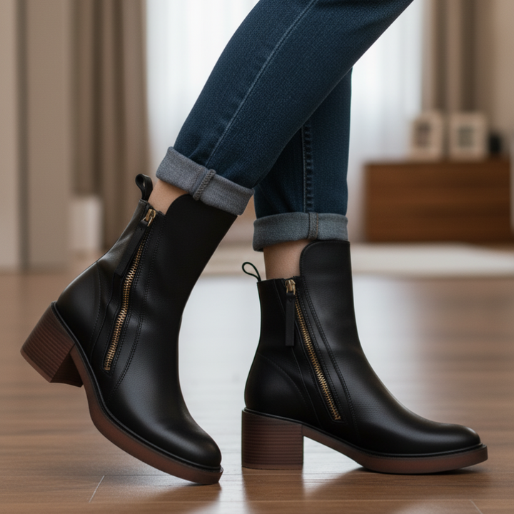 Valorine – Black Leather Boot with Comfortable Heel