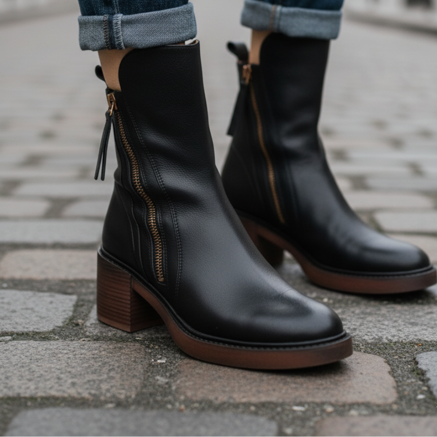 Valorine – Black Leather Boot with Comfortable Heel