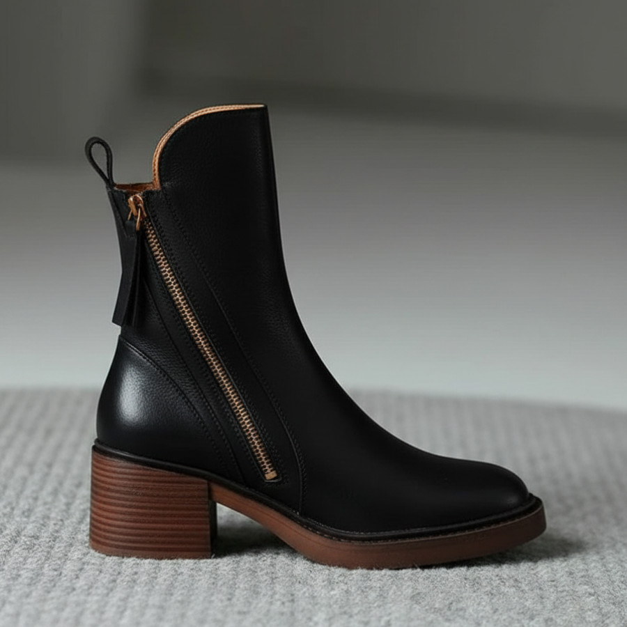 Valorine – Black Leather Boot with Comfortable Heel
