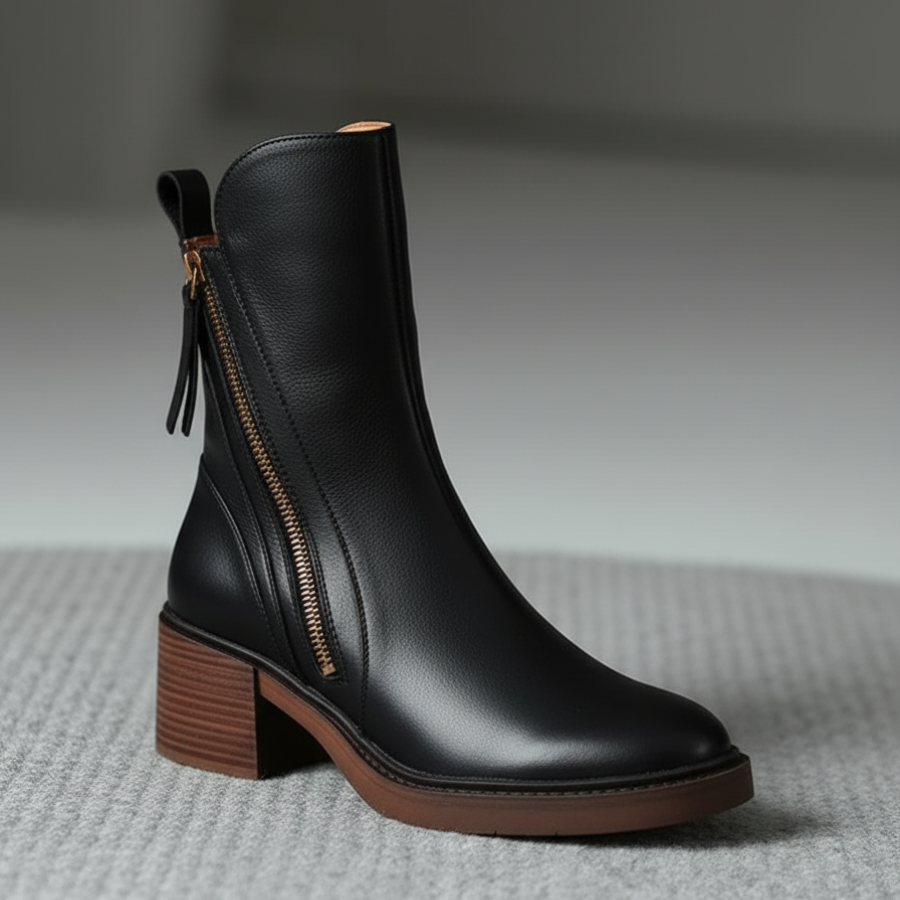 Valorine – Black Leather Boot with Comfortable Heel