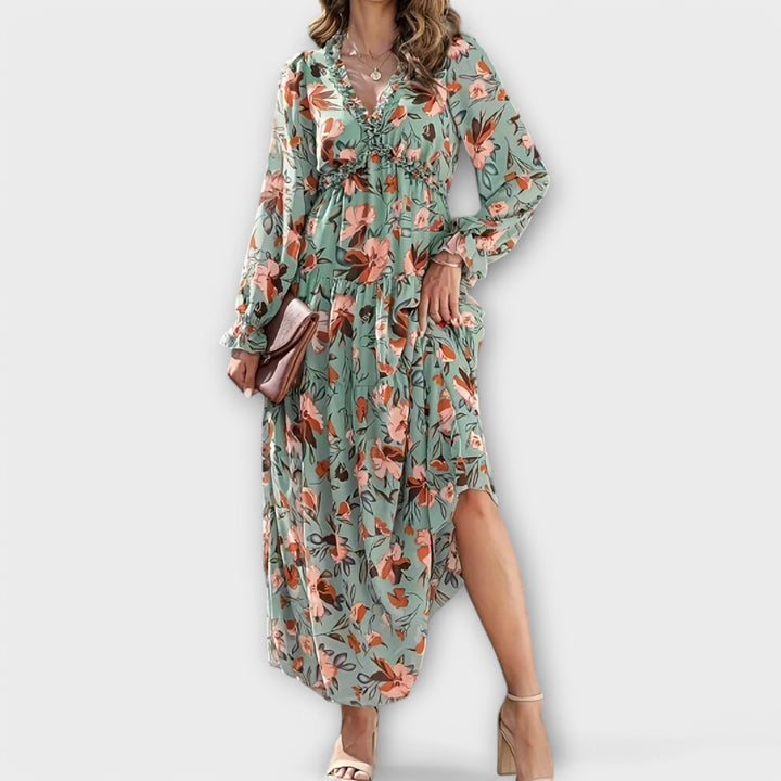 Long Sleeves V-Neck Floral Maxi Dress