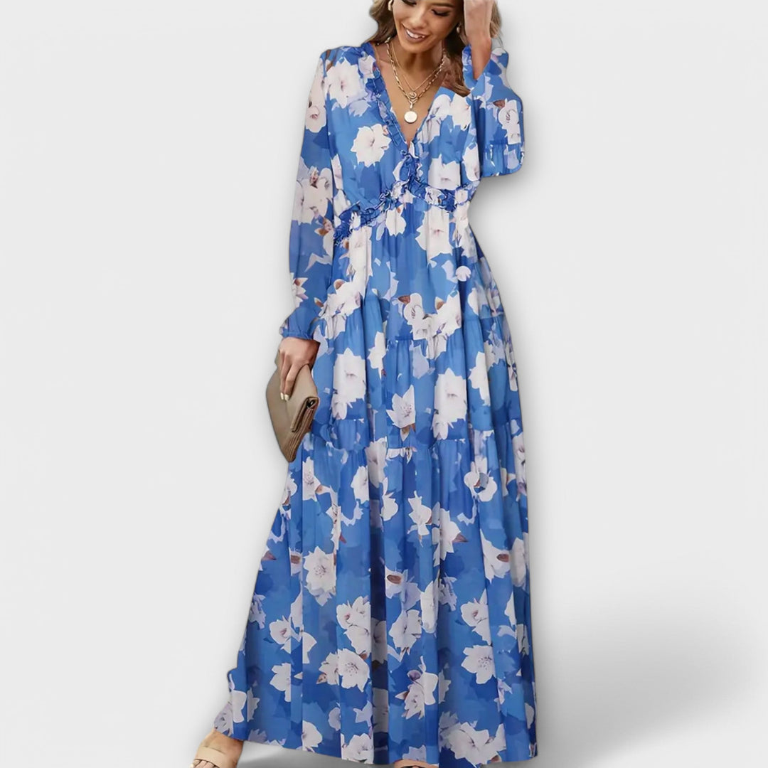 Long Sleeves V-Neck Floral Maxi Dress