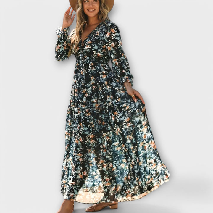 Long Sleeves V-Neck Floral Maxi Dress