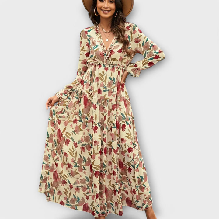 Long Sleeves V-Neck Floral Maxi Dress