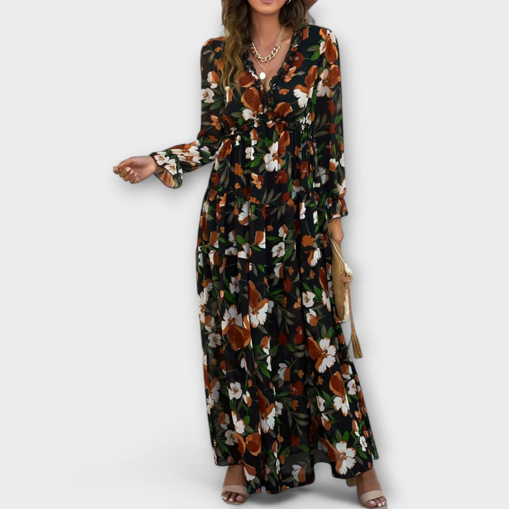 Long Sleeves V-Neck Floral Maxi Dress