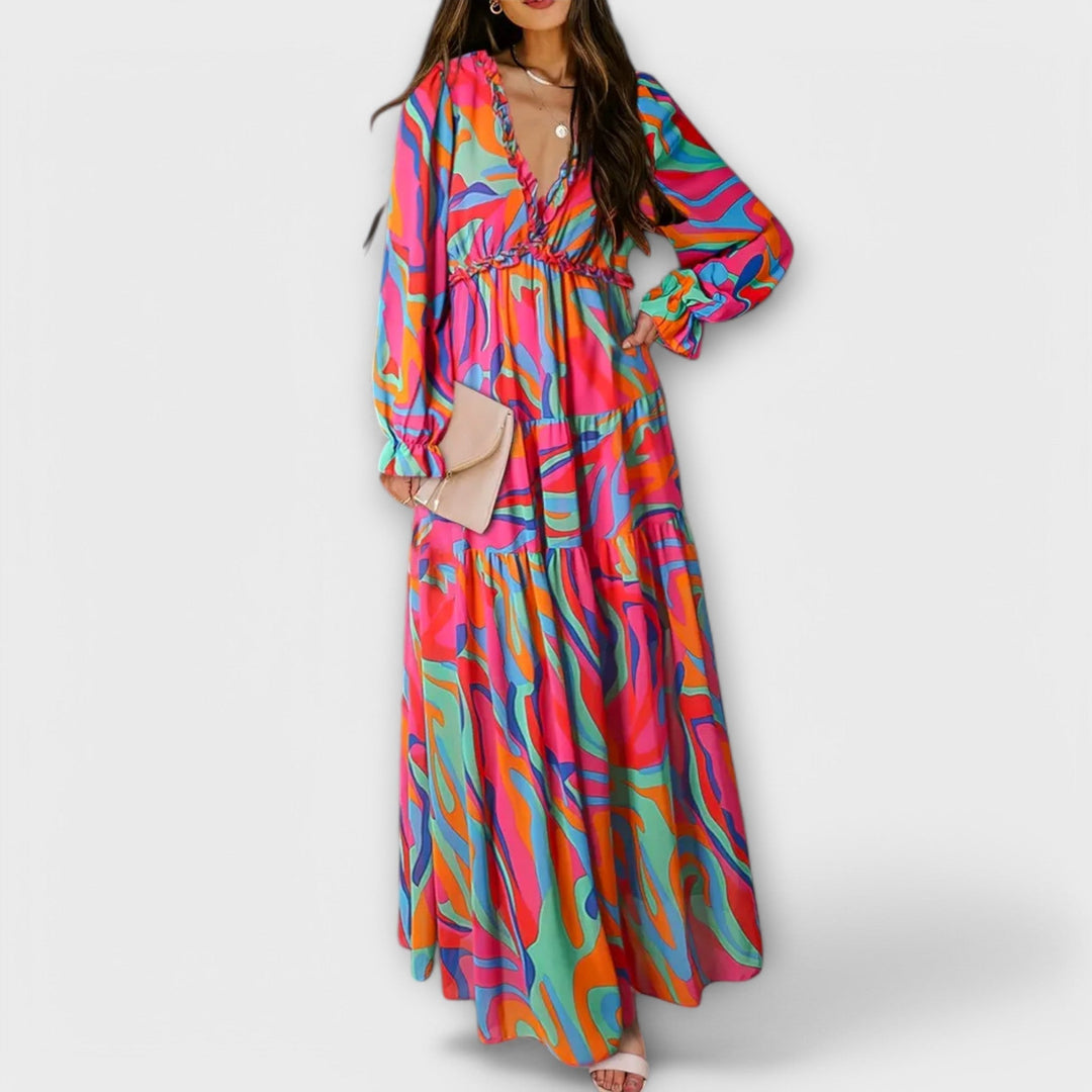 Long Sleeves V-Neck Floral Maxi Dress