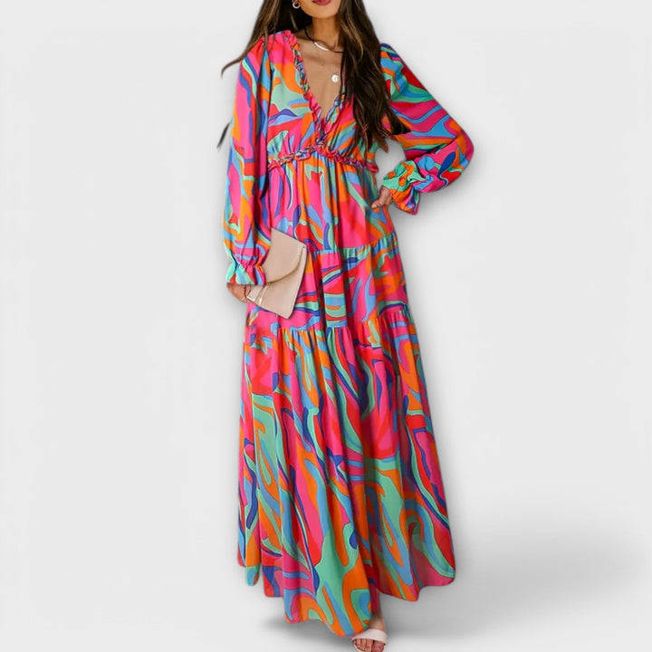 Long Sleeves V-Neck Floral Maxi Dress