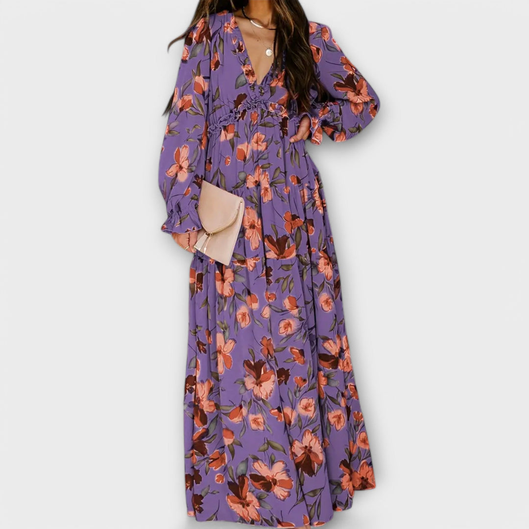Long Sleeves V-Neck Floral Maxi Dress