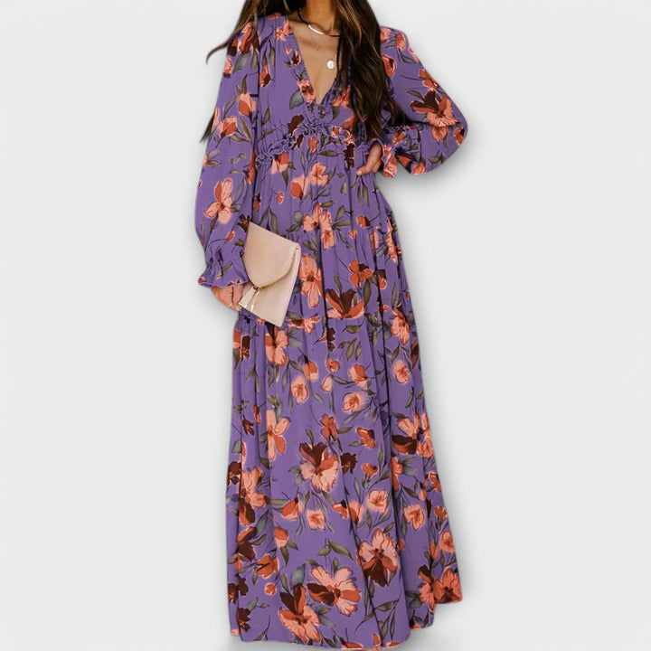 Long Sleeves V-Neck Floral Maxi Dress