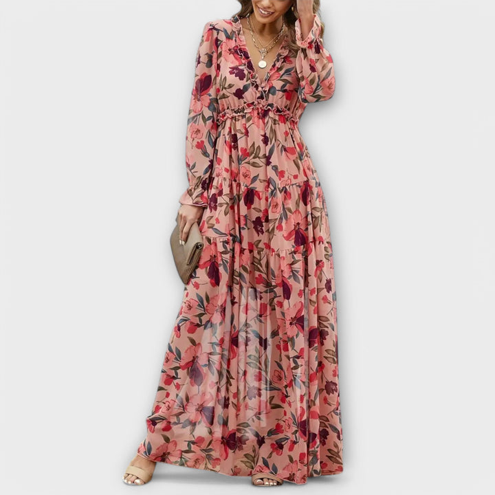 Long Sleeves V-Neck Floral Maxi Dress