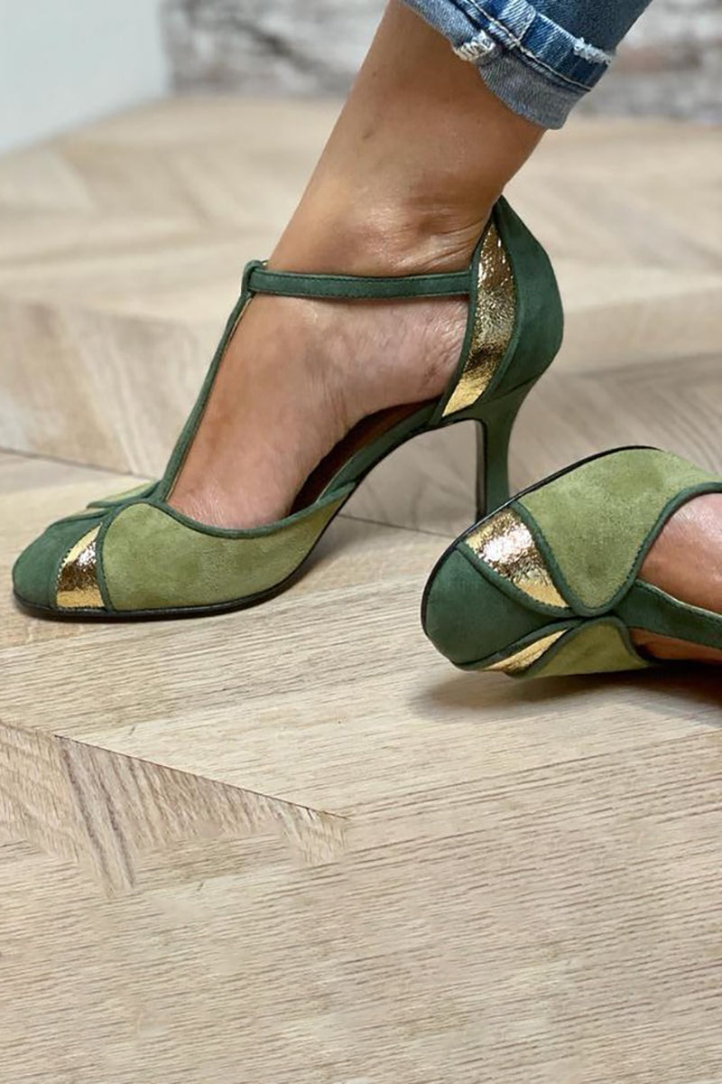 CORLISSE | PATCHWORK T-STRAP HEELS