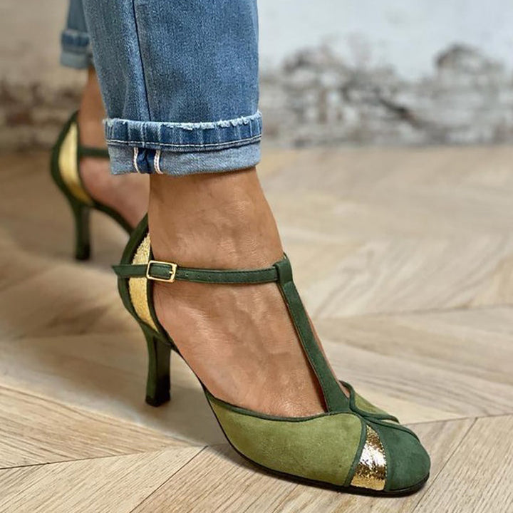 CORLISSE | PATCHWORK T-STRAP HEELS
